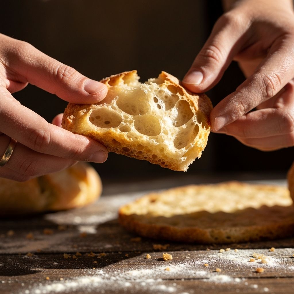 Artisan sourdough crackers showing bubbly fermented texture