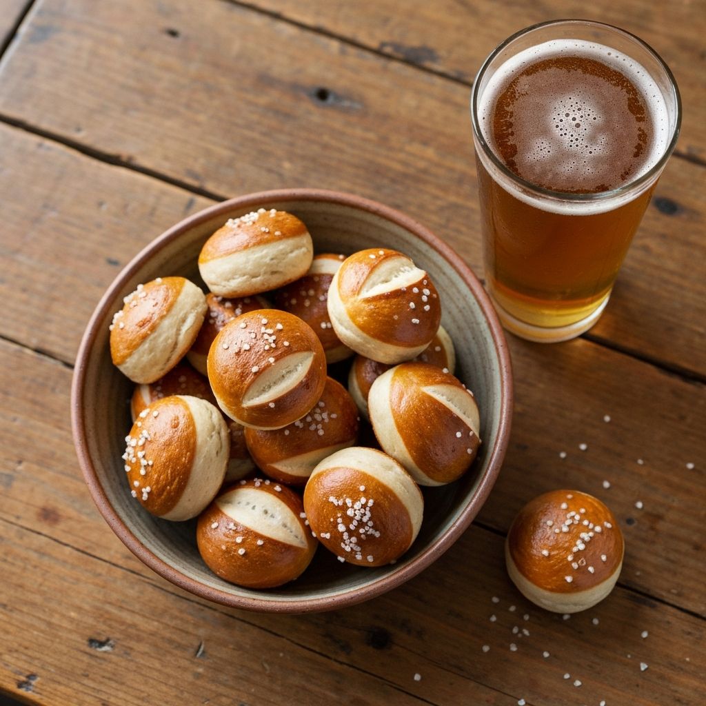 Golden sourdough pretzel bites in a rustic ceramic bowl with sea salt