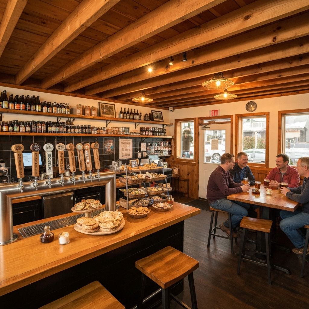 Interior of a cozy local taproom with warm lighting and artisan snacks